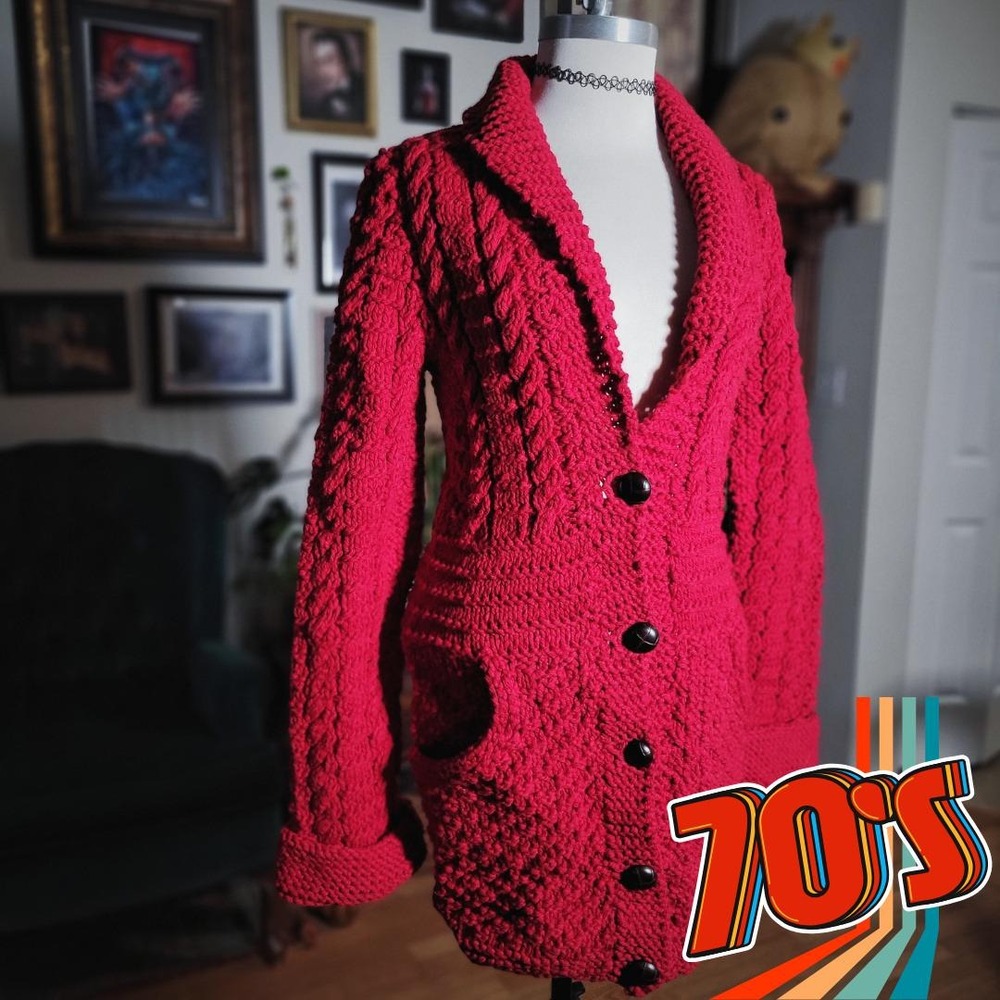 Chunky Knit Cardigan Sweater Long Vintage 70s Red Cable Knit Women's Size S